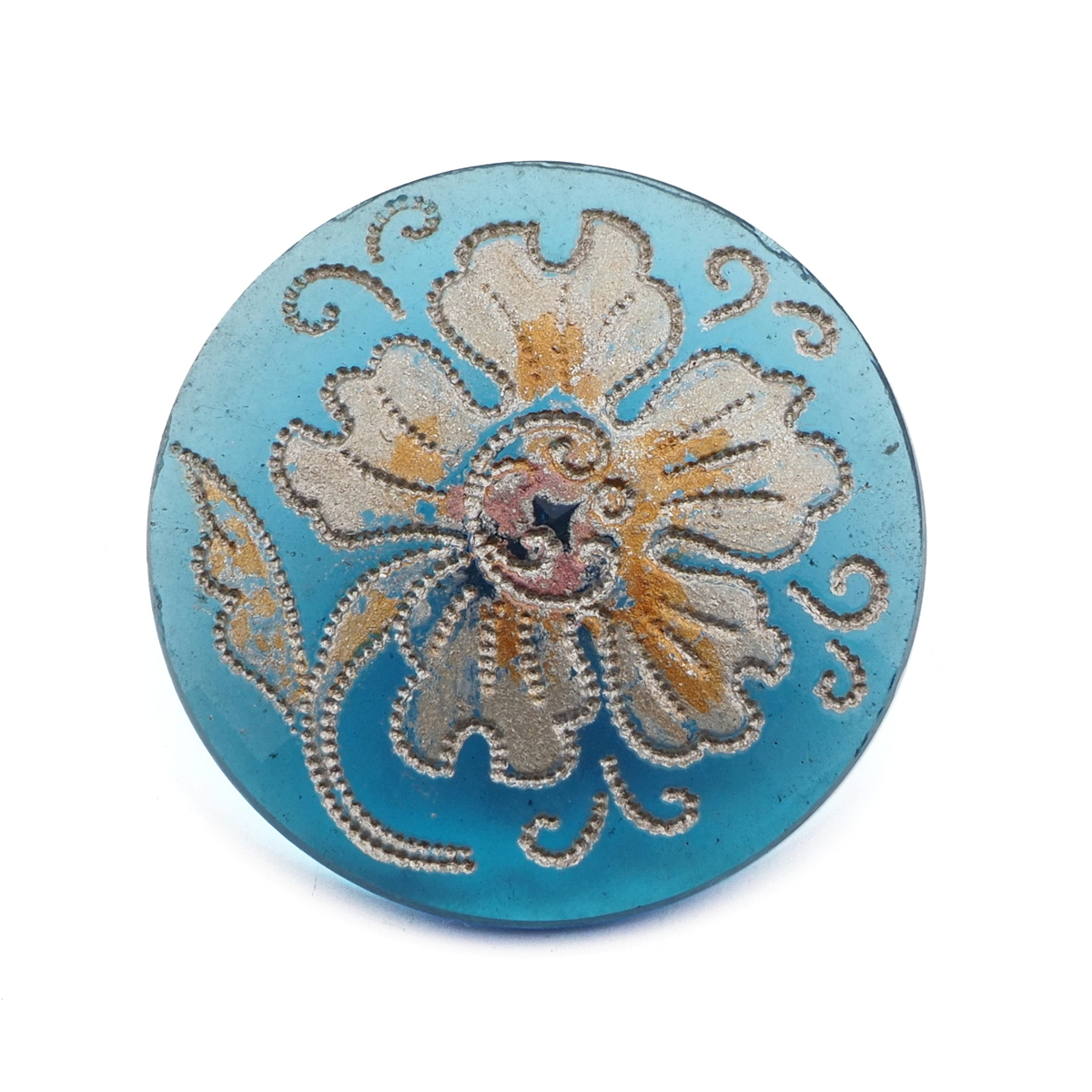 Antique Victorian Czech silver floral blue glass button 27mm