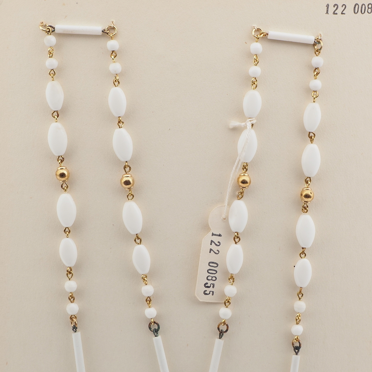 Vintage Czech wired necklace white round oval bugle glass beads 30"
