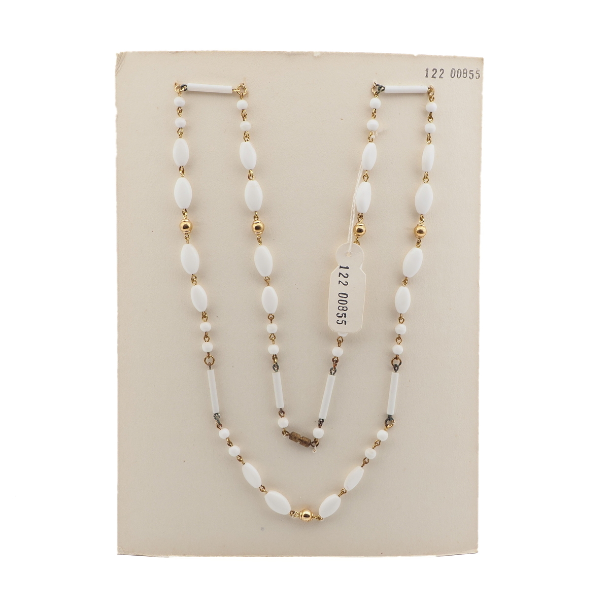 Czech vintage wired necklace white round oval bugle glass beads 30"