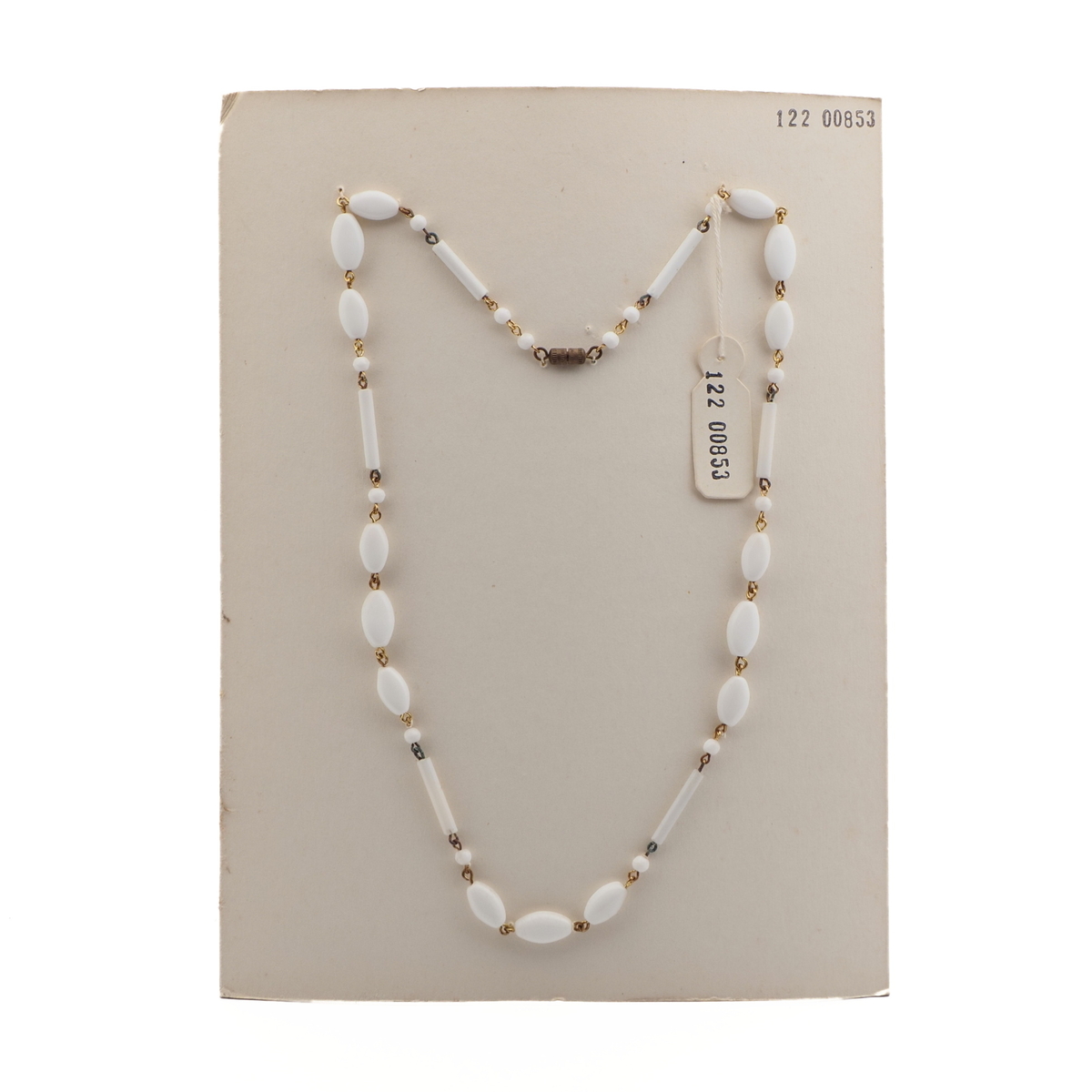 Vintage Czech wired necklace white round oval bugle glass beads 20"