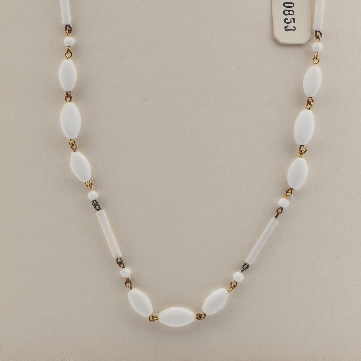 Vintage Czech wired necklace white round oval bugle glass beads 20"