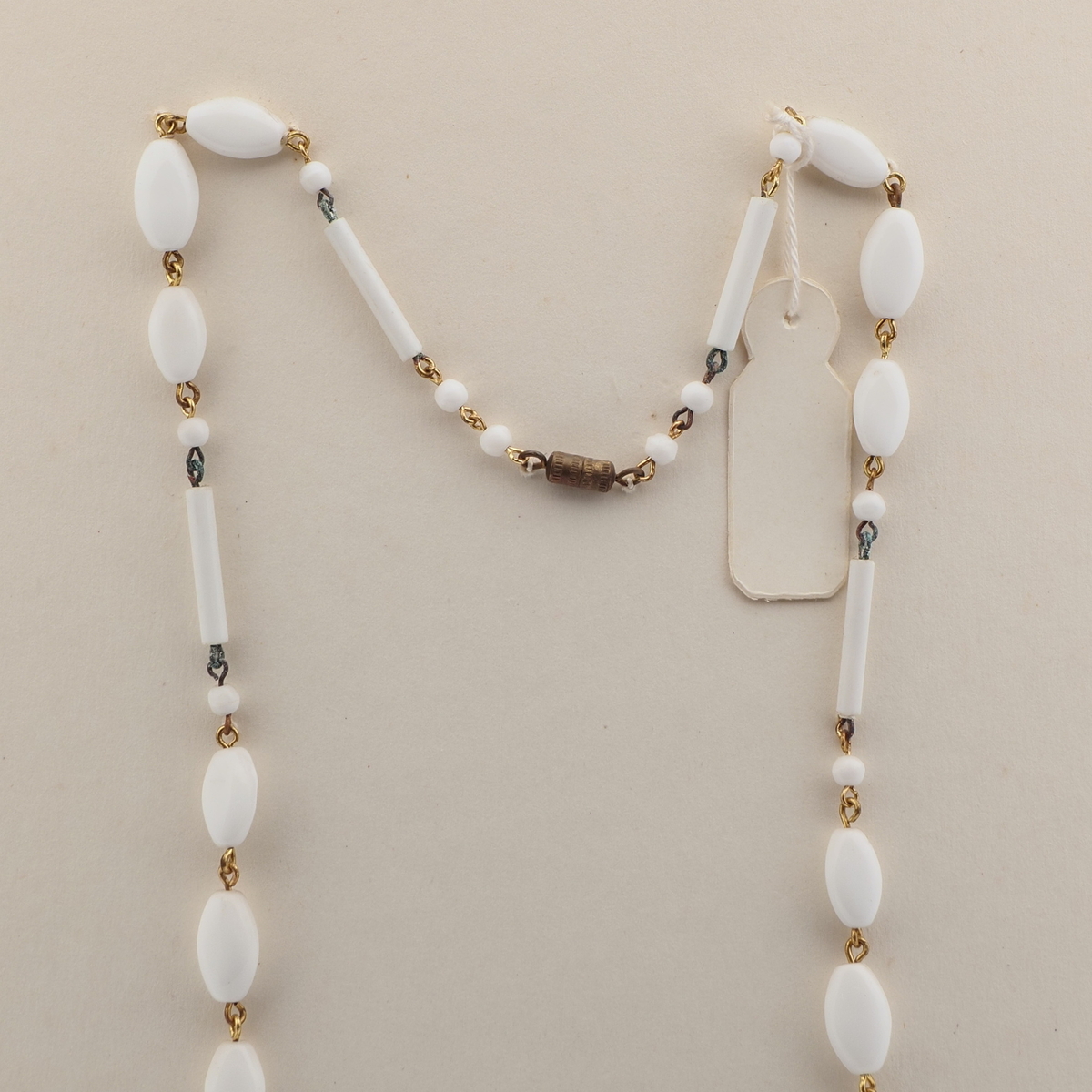 Czech vintage wired necklace white round oval bugle glass beads 20"