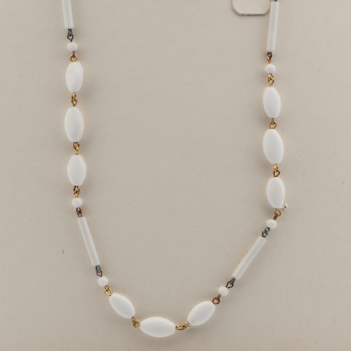 Czech vintage wired necklace white round oval bugle glass beads 20"