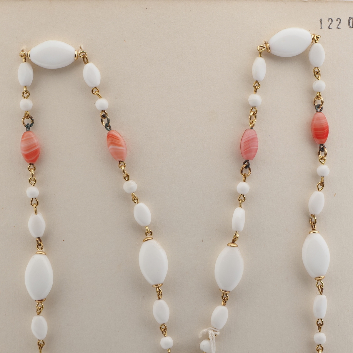 Vintage Czech wired necklace white marble striped glass beads 27"