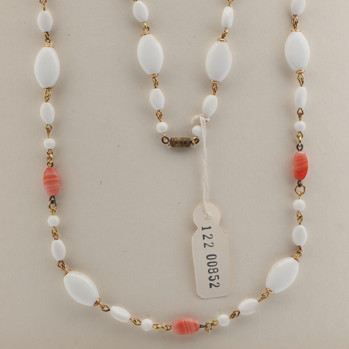 Vintage Czech wired necklace white marble striped glass beads 27"