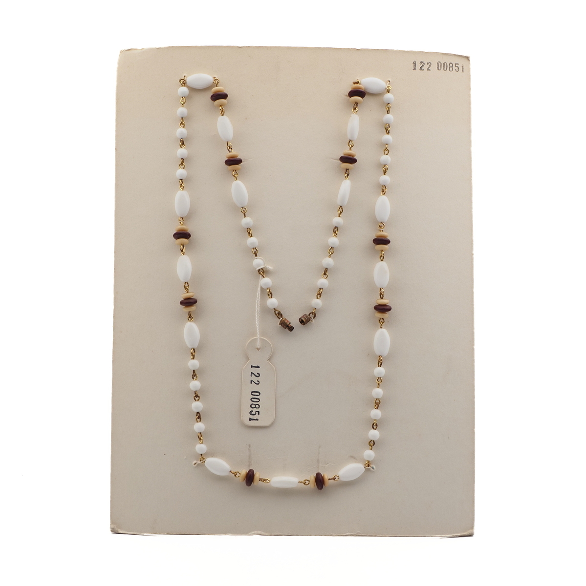 Czech vintage wired necklace white beige black glass beads 27"