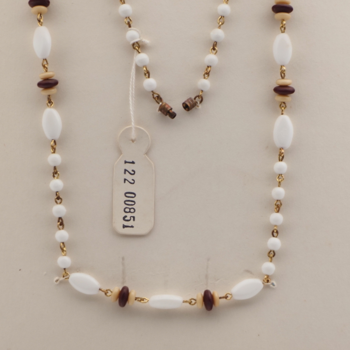 Czech vintage wired necklace white beige black glass beads 27"