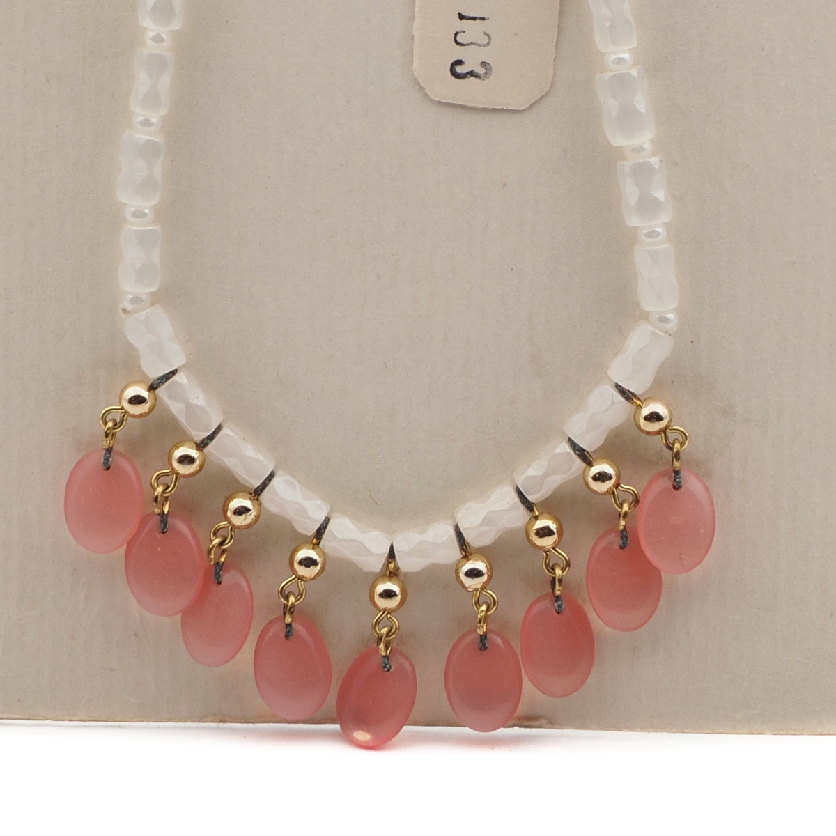 Vintage Czech necklace satin atlas pink opaline pendant glass beads 