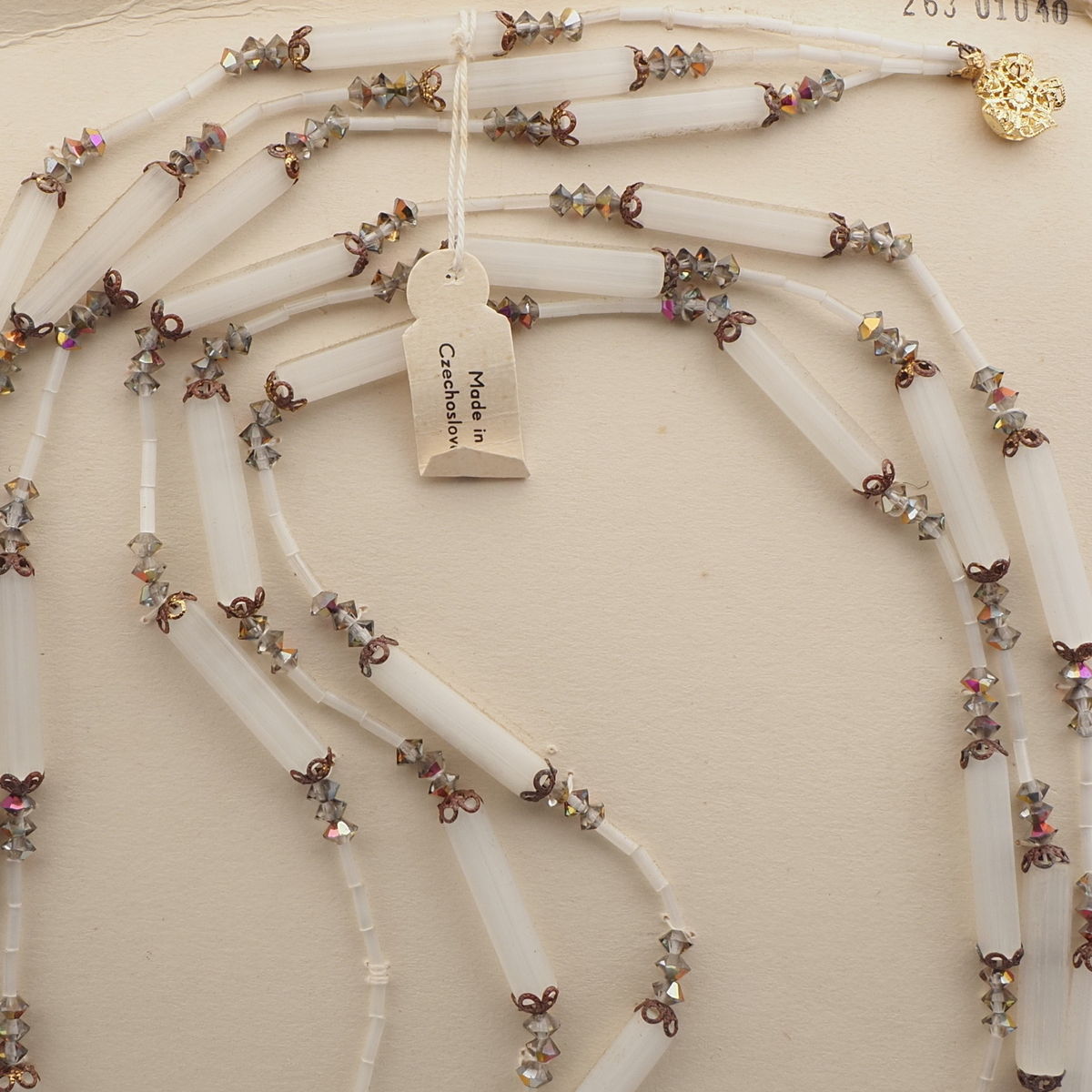 Vintage Czech 3 strand necklace satin atlas bugle AB rondelle glass beads 