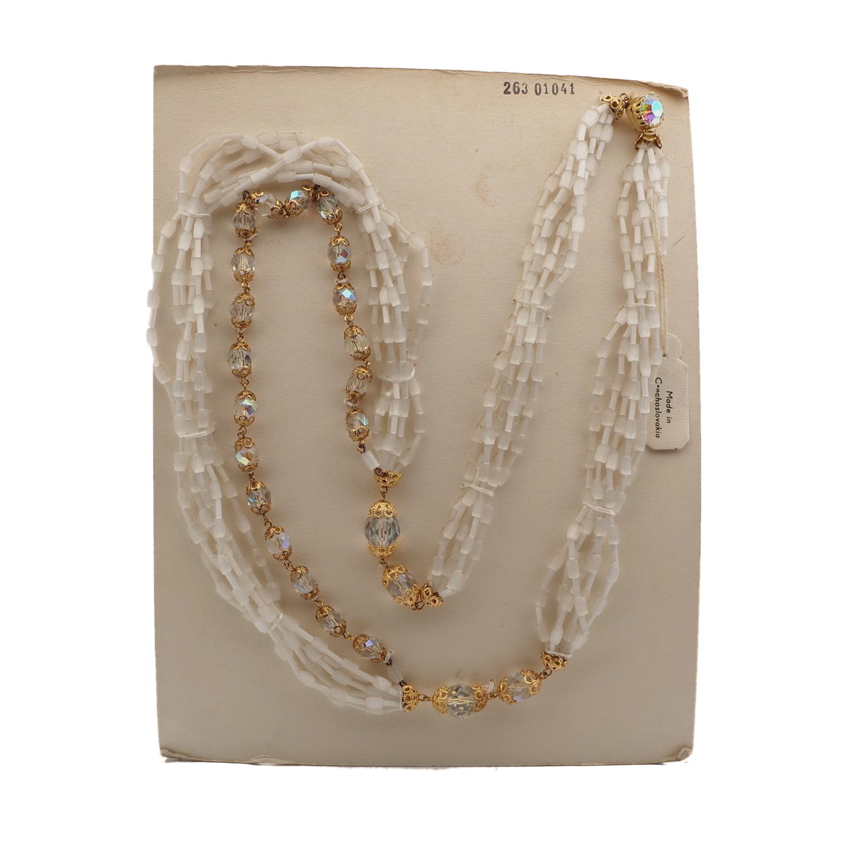 Vintage Czech 6 strand necklace satin atlas AB clear faceted glass beads 