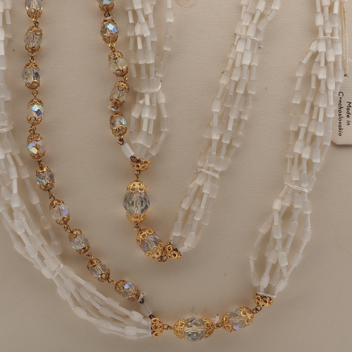 Vintage Czech 6 strand necklace satin atlas AB clear faceted glass beads 