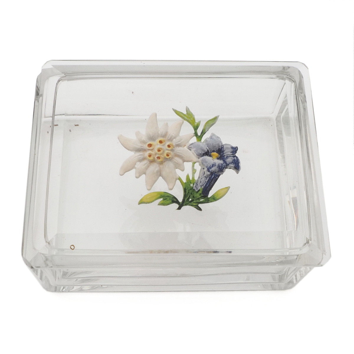 Art Deco Czech intaglio hand painted Gentian Edelweiss flowers crystal glass box Heinrich Hoffmann