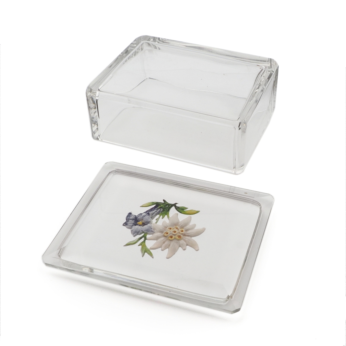 Art Deco Czech intaglio hand painted Gentian Edelweiss flowers crystal glass box Heinrich Hoffmann