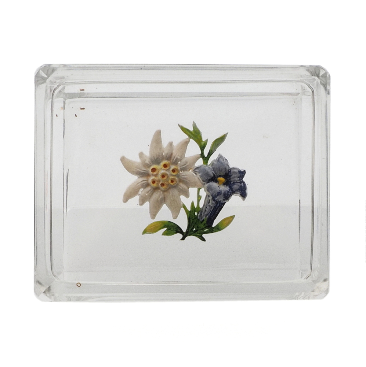Art Deco Czech intaglio hand painted Gentian Edelweiss flowers crystal glass box Heinrich Hoffmann