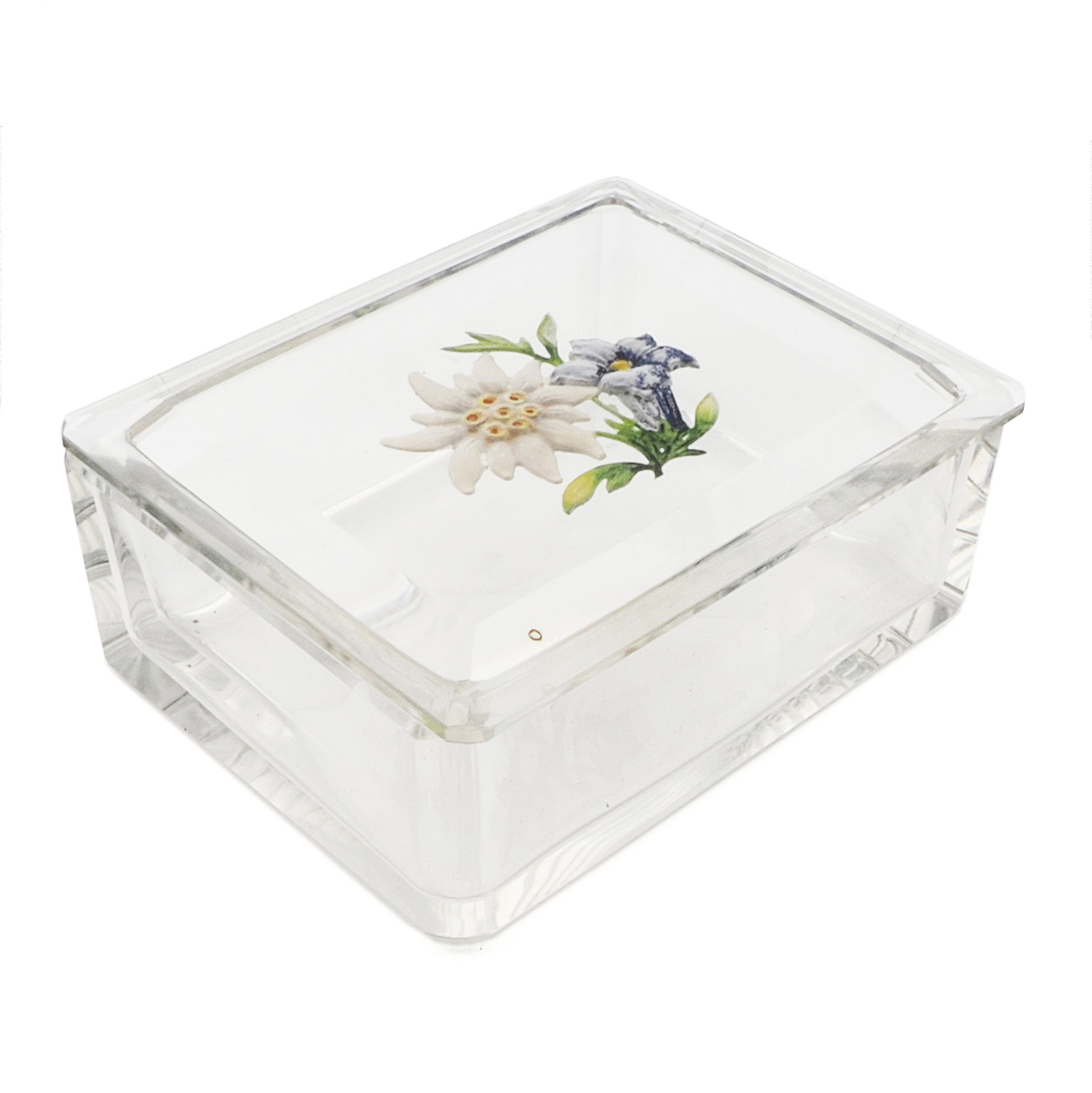 Art Deco Czech intaglio hand painted Gentian Edelweiss flowers crystal glass box Heinrich Hoffmann