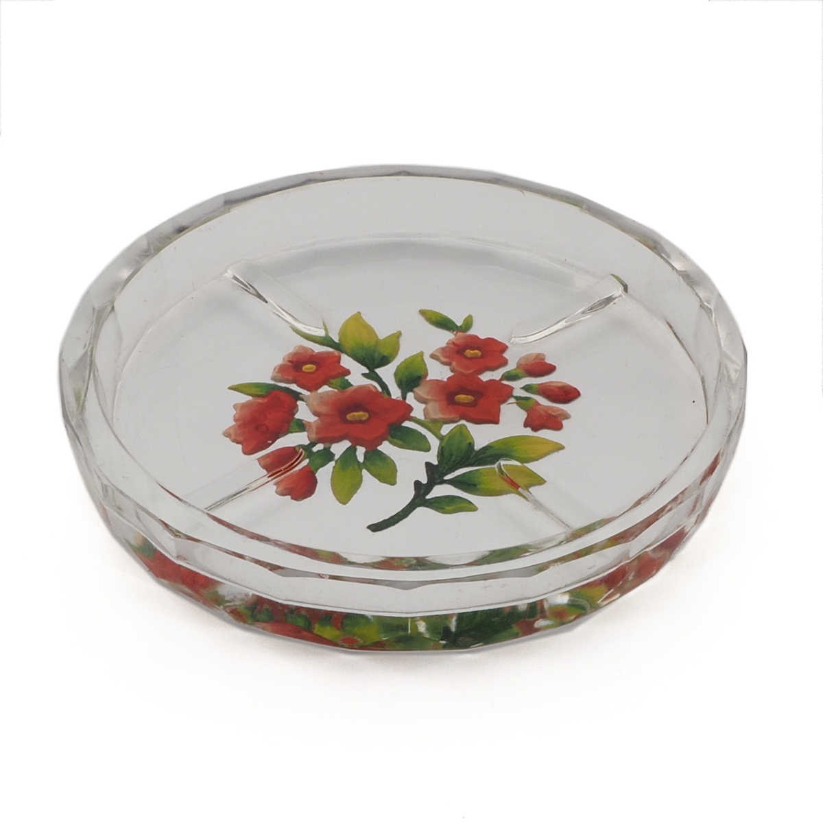 Art Deco Czech intaglio hand painted red flowers crystal glass dish ashtray Heinrich Hoffmann