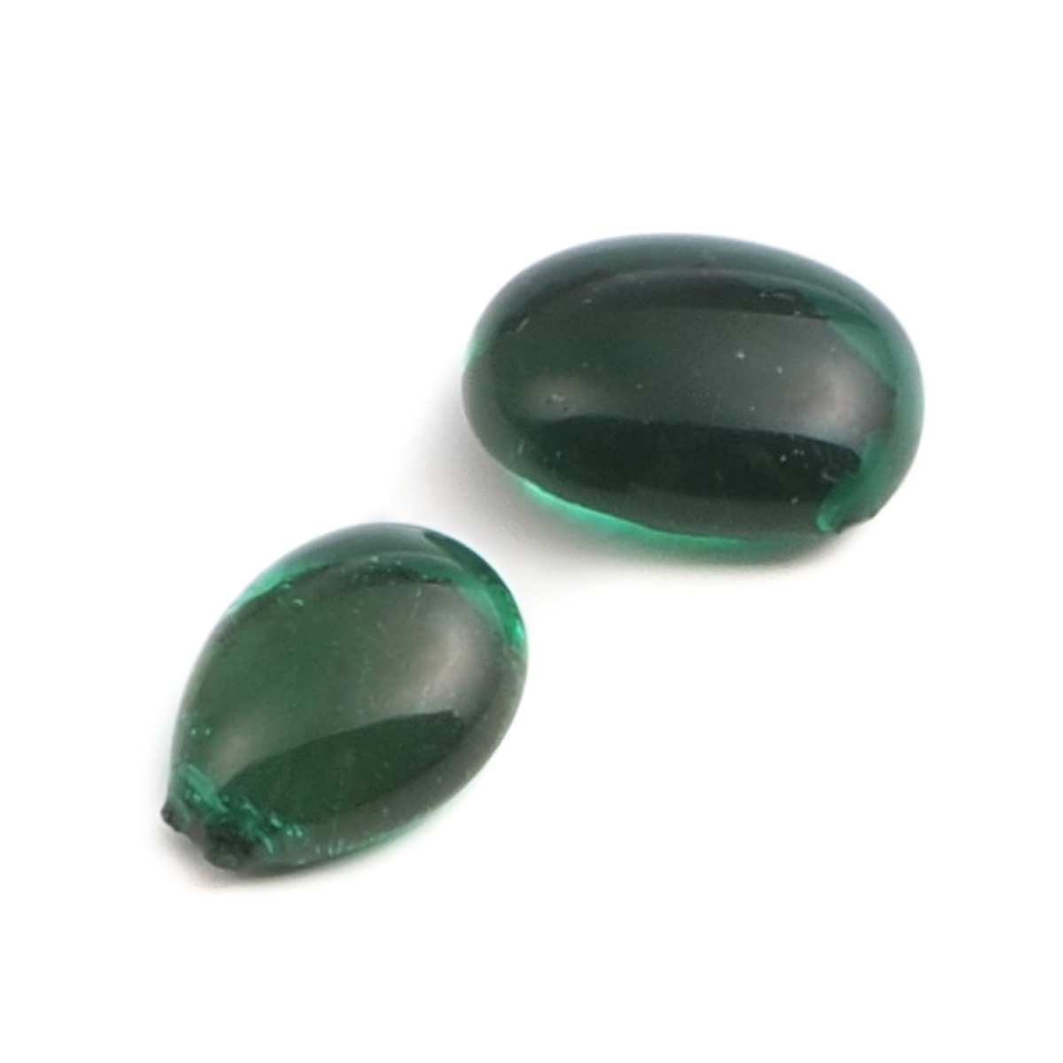 Lot (2) large C19th Czech antique Emerald green glass cabochon drops