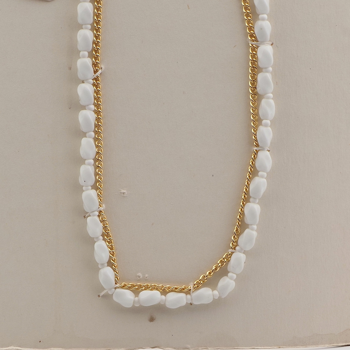 Czech vintage 2 strand chain necklace white twist glass beads 