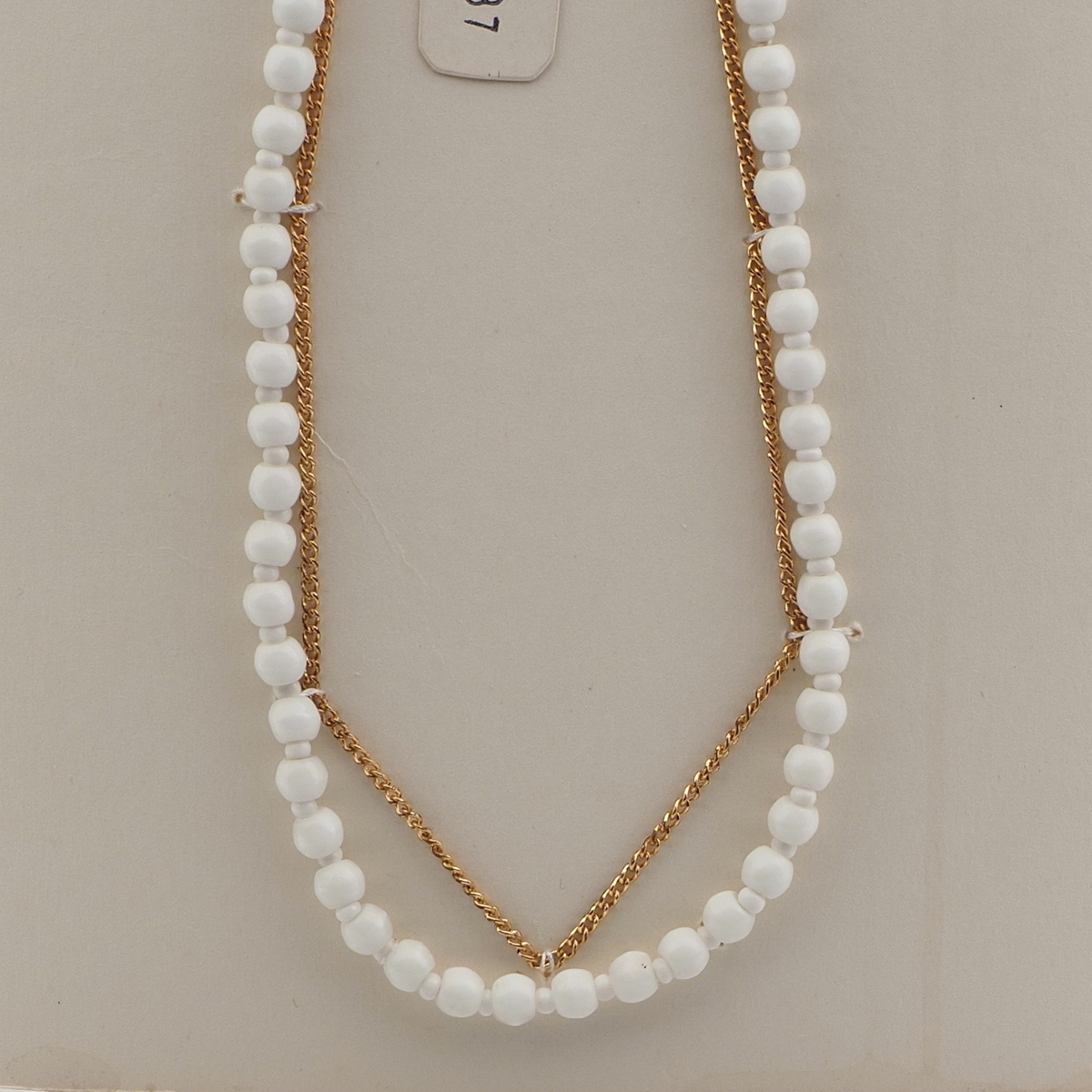 Czech vintage 2 strand chain necklace white round glass beads 
