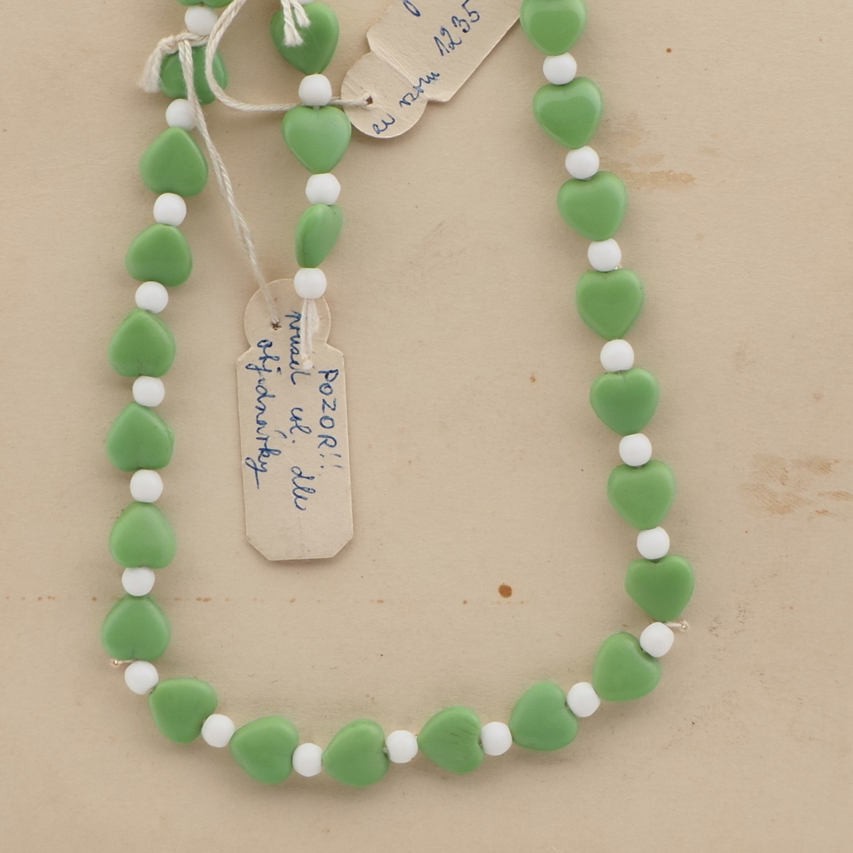 Czech vintage necklace green heart glass beads to restring
