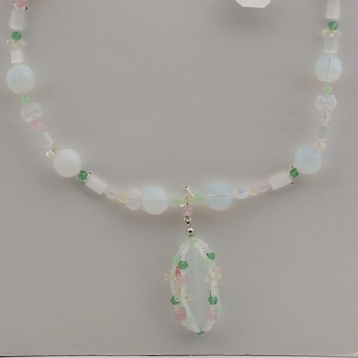 Czech vintage pendant necklace satin atlas opaline glass beads