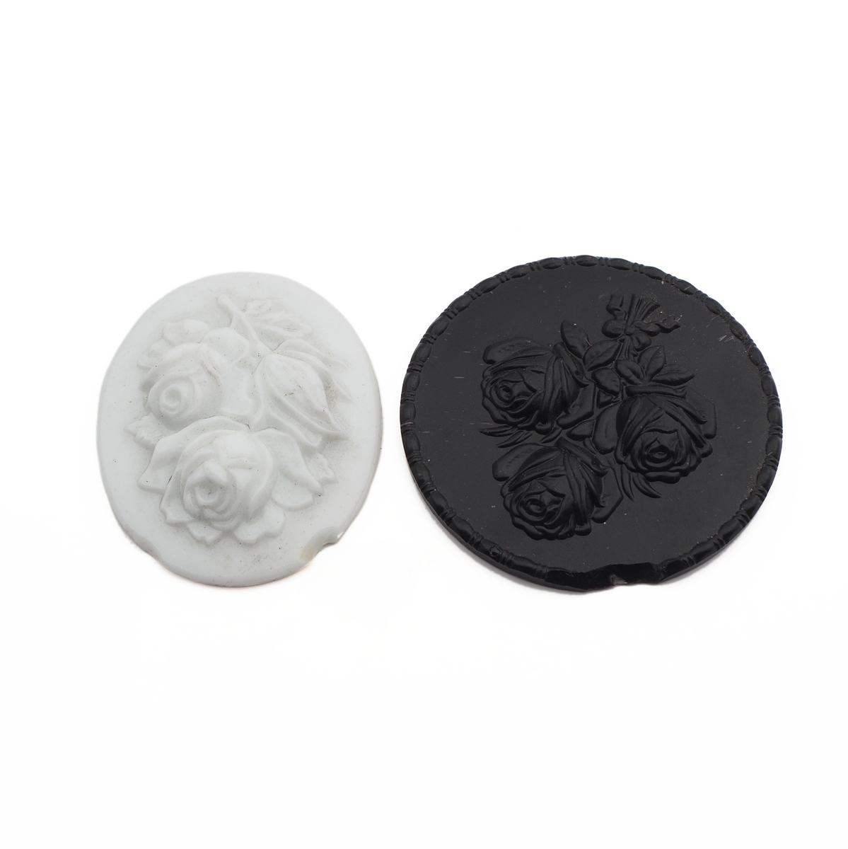 Lot (2) Czech antique black white rose flower cameo glass cabochons chipped
