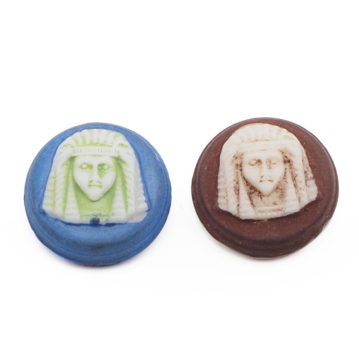 Lot (2) Antique Czech Pharaoh uranium white glass cameo cabochons 