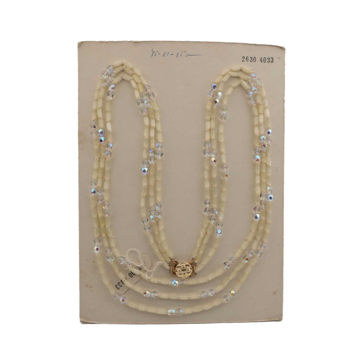 Vintage Czech 3 strand necklace yellow satin atlas AB clear glass beads 