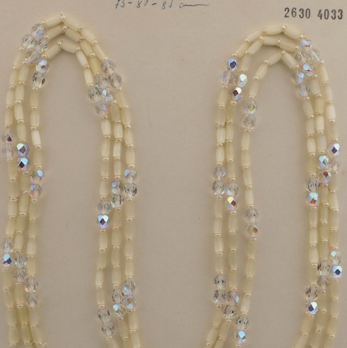 Vintage Czech 3 strand necklace yellow satin atlas AB clear glass beads 