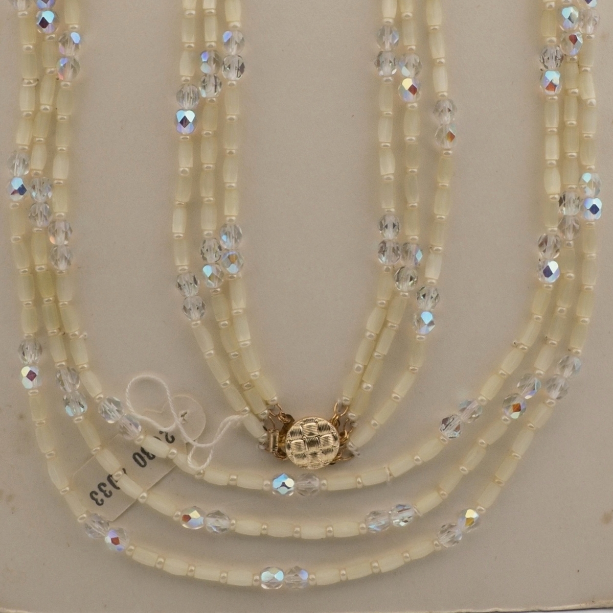 Vintage Czech 3 strand necklace yellow satin atlas AB clear glass beads 
