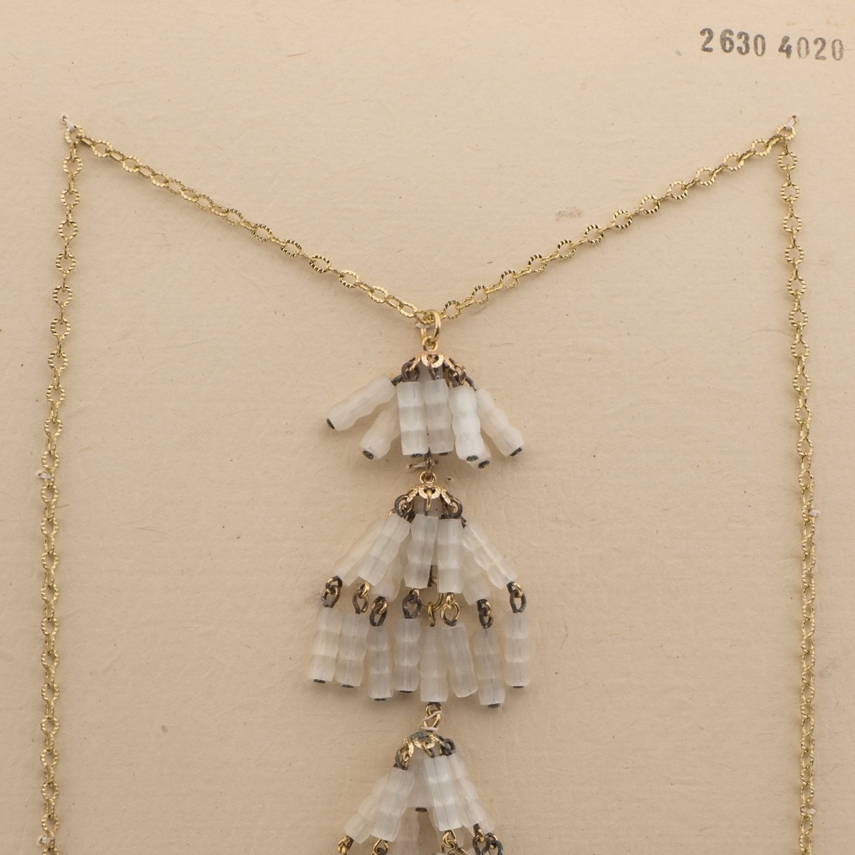 Czech vintage gold chain necklace frost satin atlas glass bead tassle 