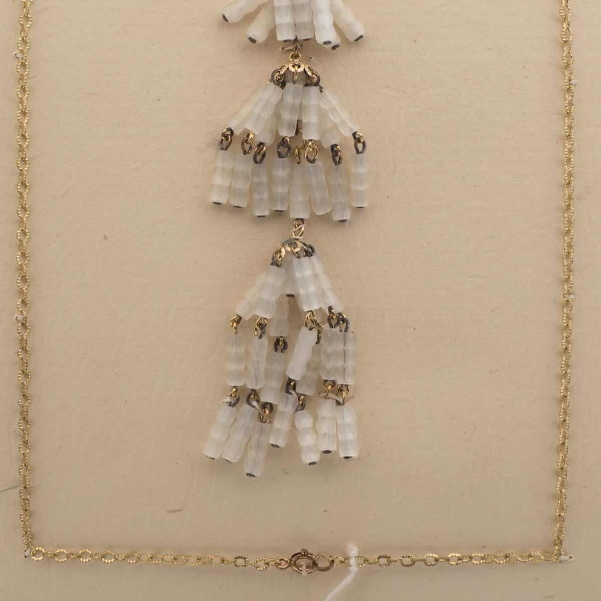 Czech vintage gold chain necklace frost satin atlas glass bead tassle 