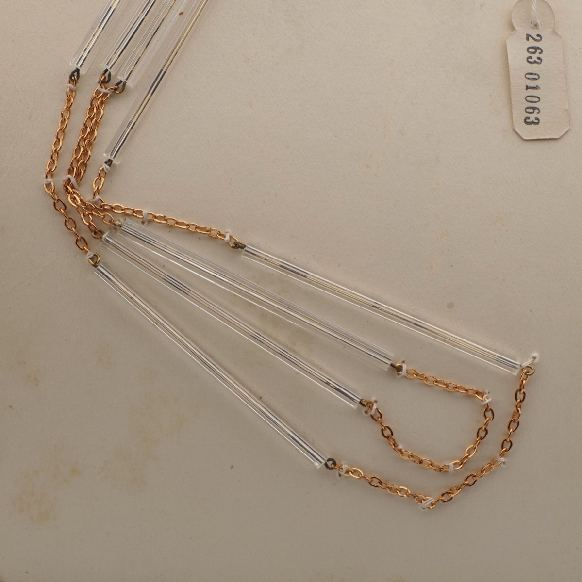 Vintage Czech gold chain necklace long clear pentagon bugle glass beads