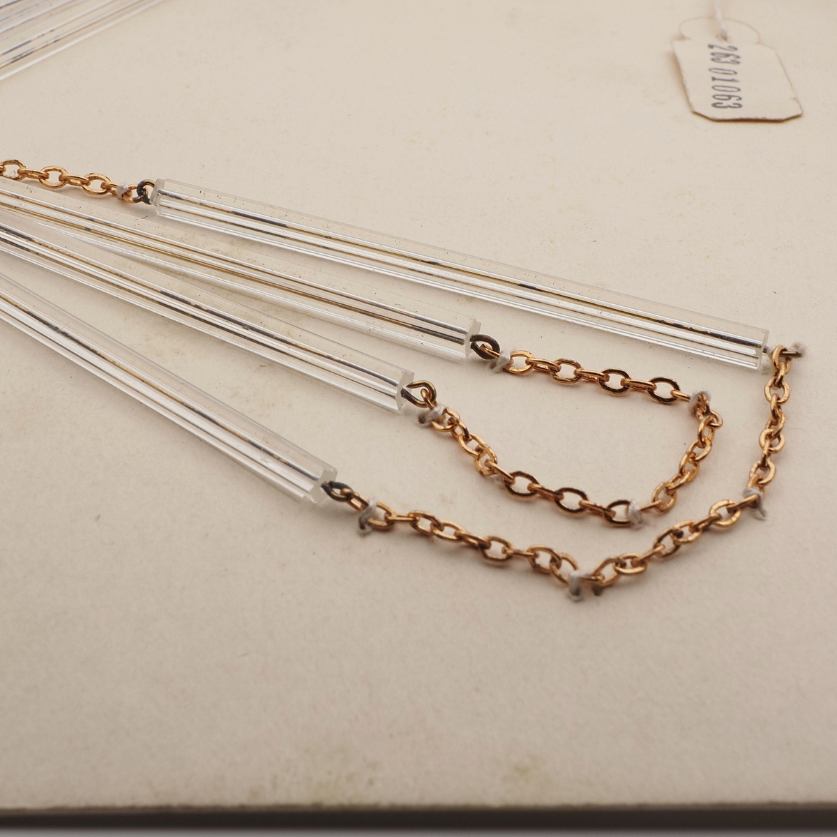Vintage Czech gold chain necklace long clear pentagon bugle glass beads