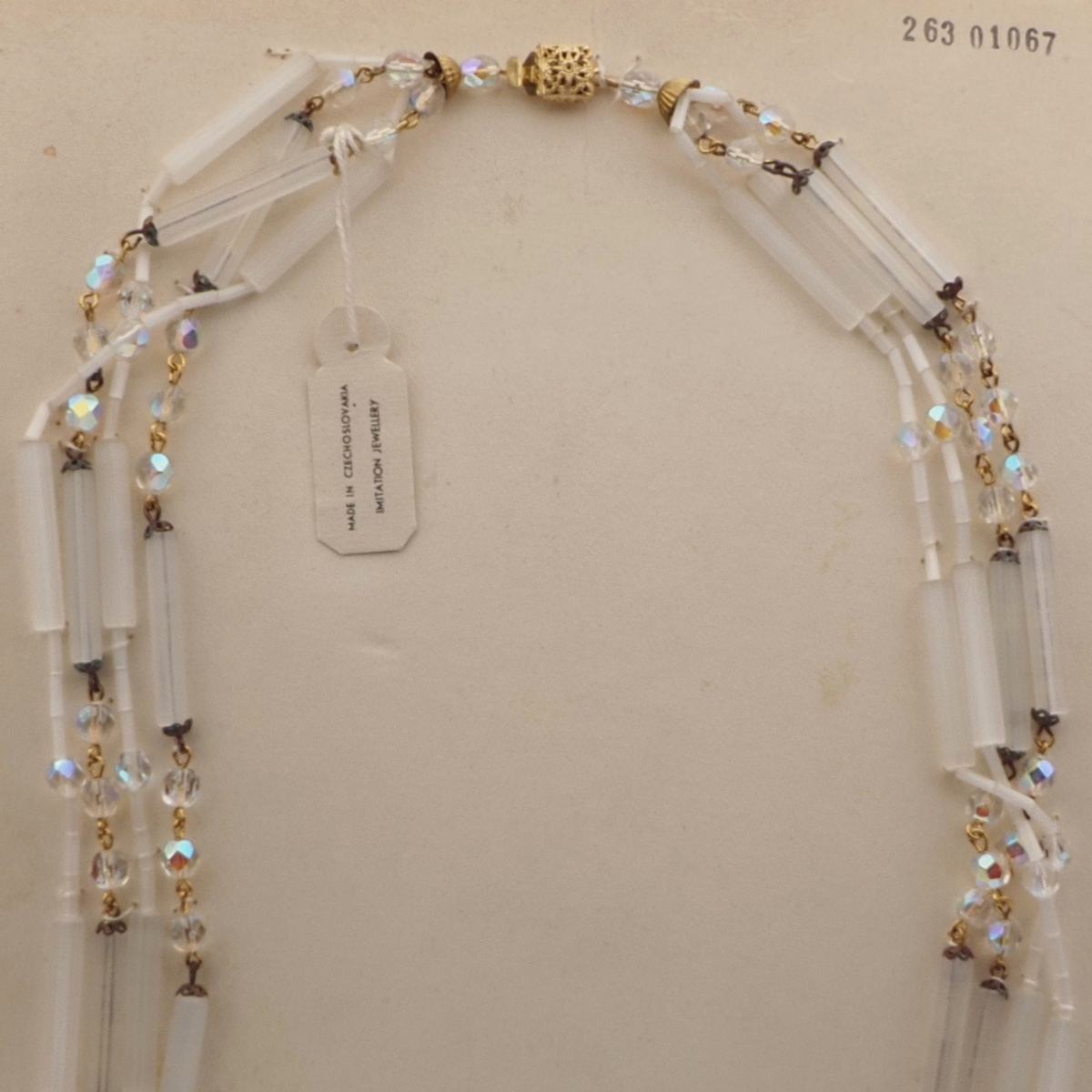 Vintage Czech 4 strand necklace satin atlas pentagon AB round glass beads 