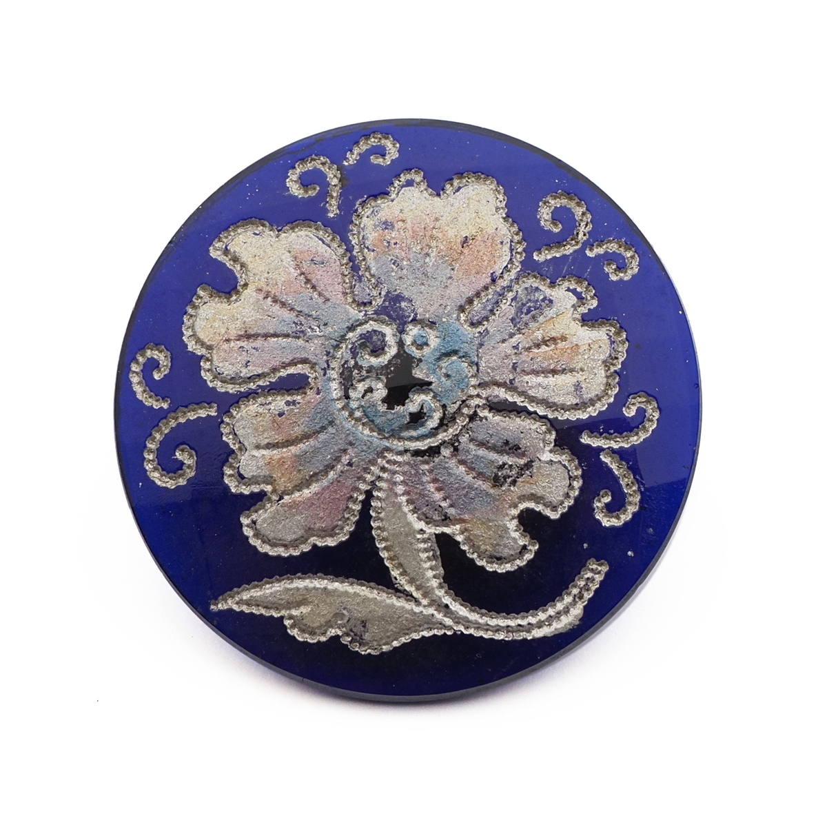 Antique Victorian Czech silver floral cobalt blue glass button 27mm