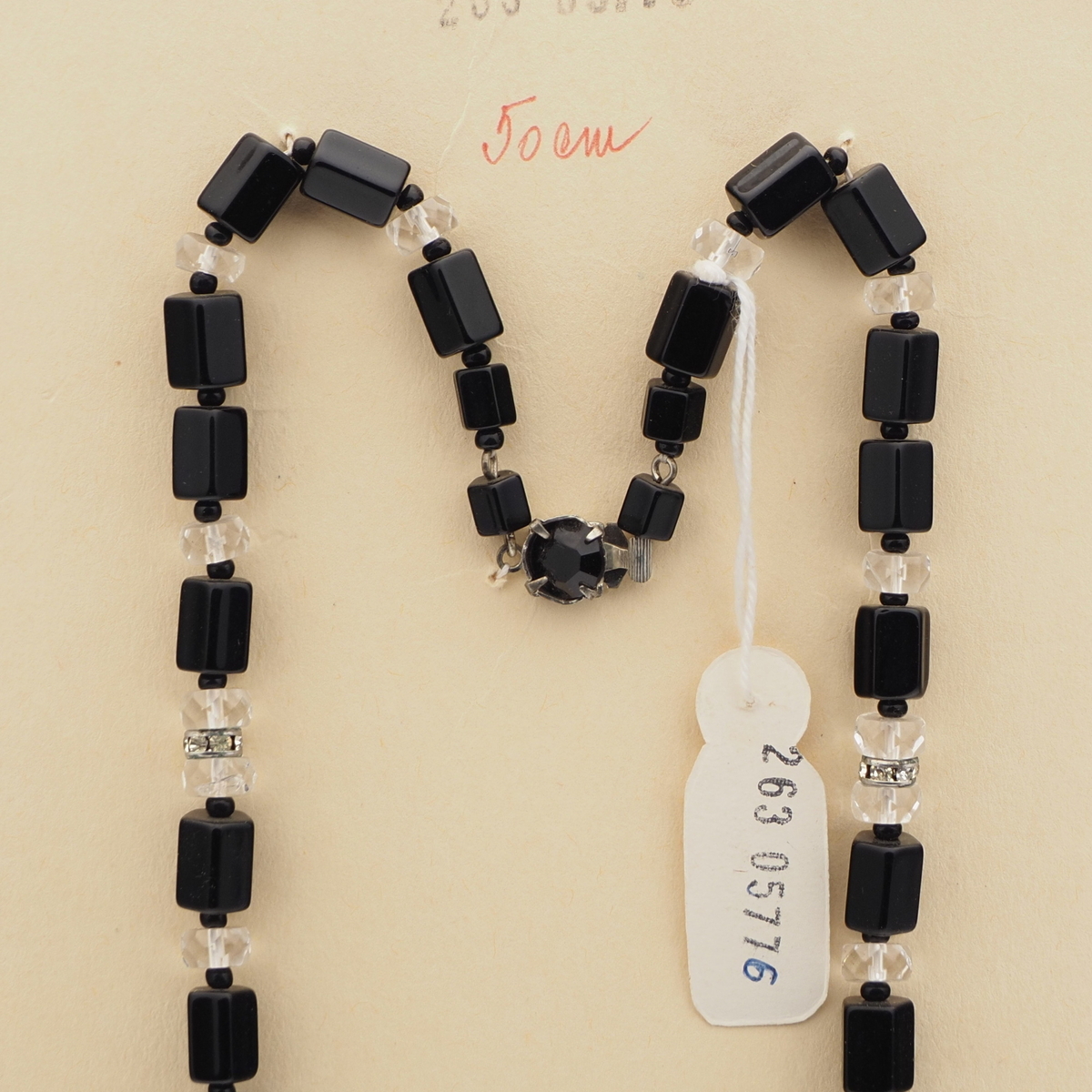 Vintage Czech necklace black clear glass beads rhinestone rondelles