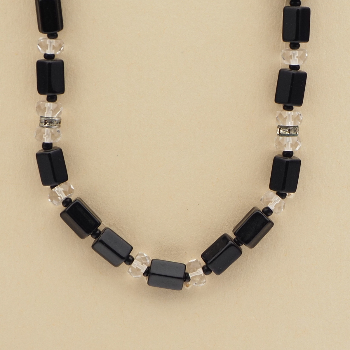 Vintage Czech necklace black clear glass beads rhinestone rondelles