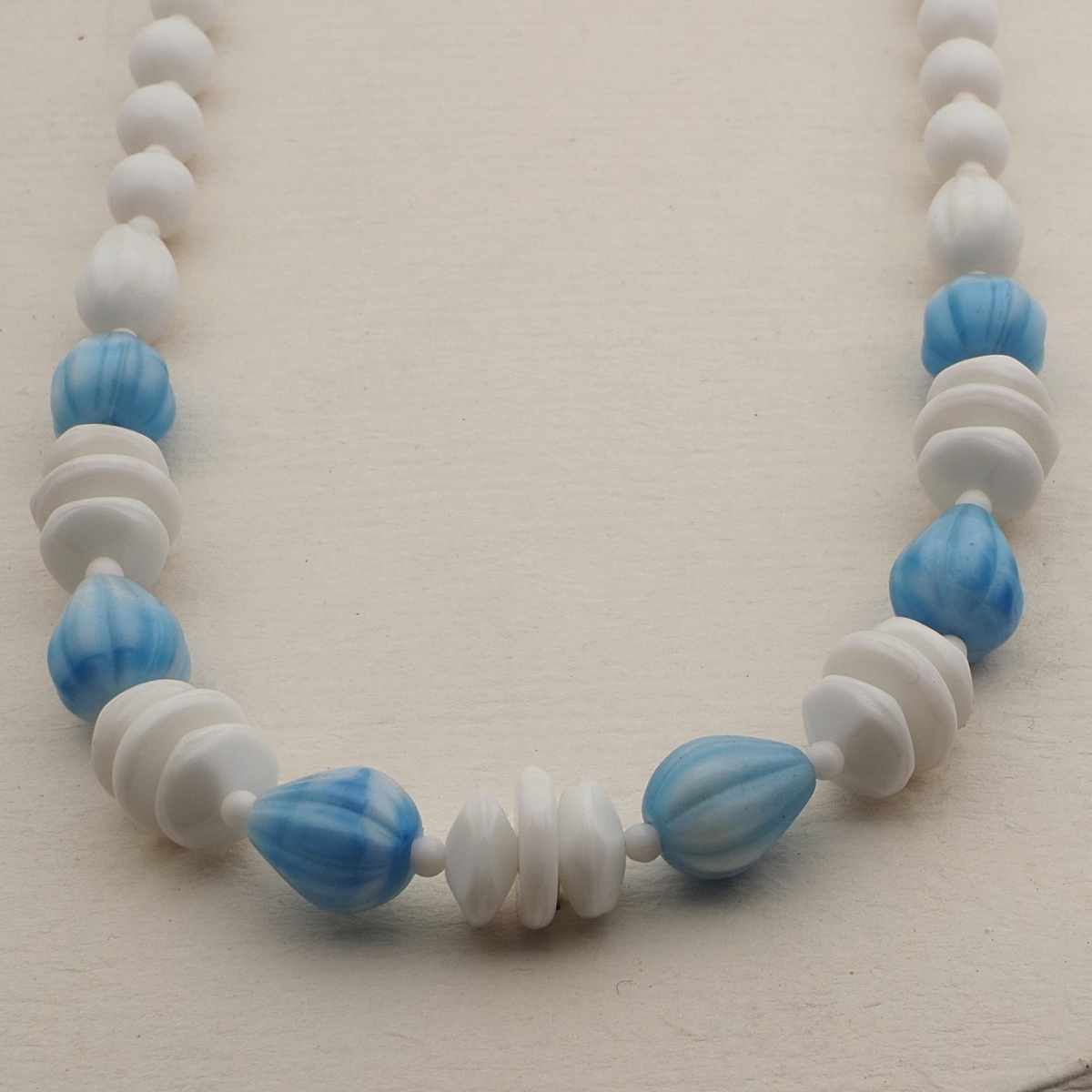 Vintage Czech necklace white blue marble glass beads 