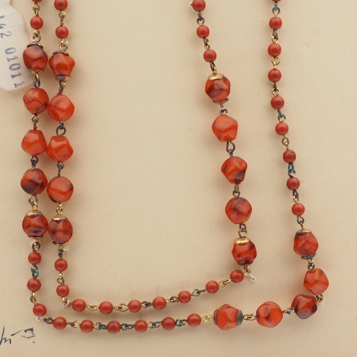 Vintage Czech link necklace red marble round nugget glass beads 