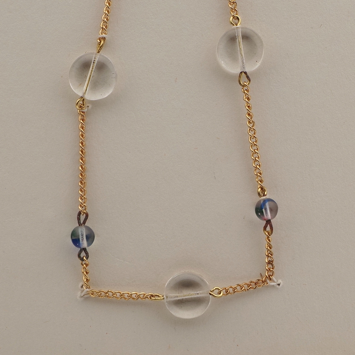 Vintage Czech gold chain necklace clear blue bicolor glass beads 