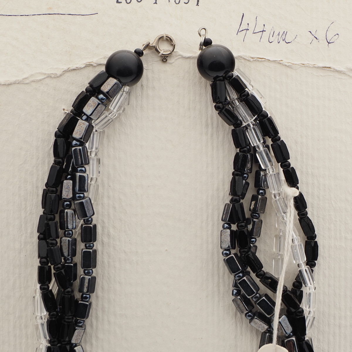 Vintage Czech 6 strand necklace clear black hematite pentagon bugle glass beads 
