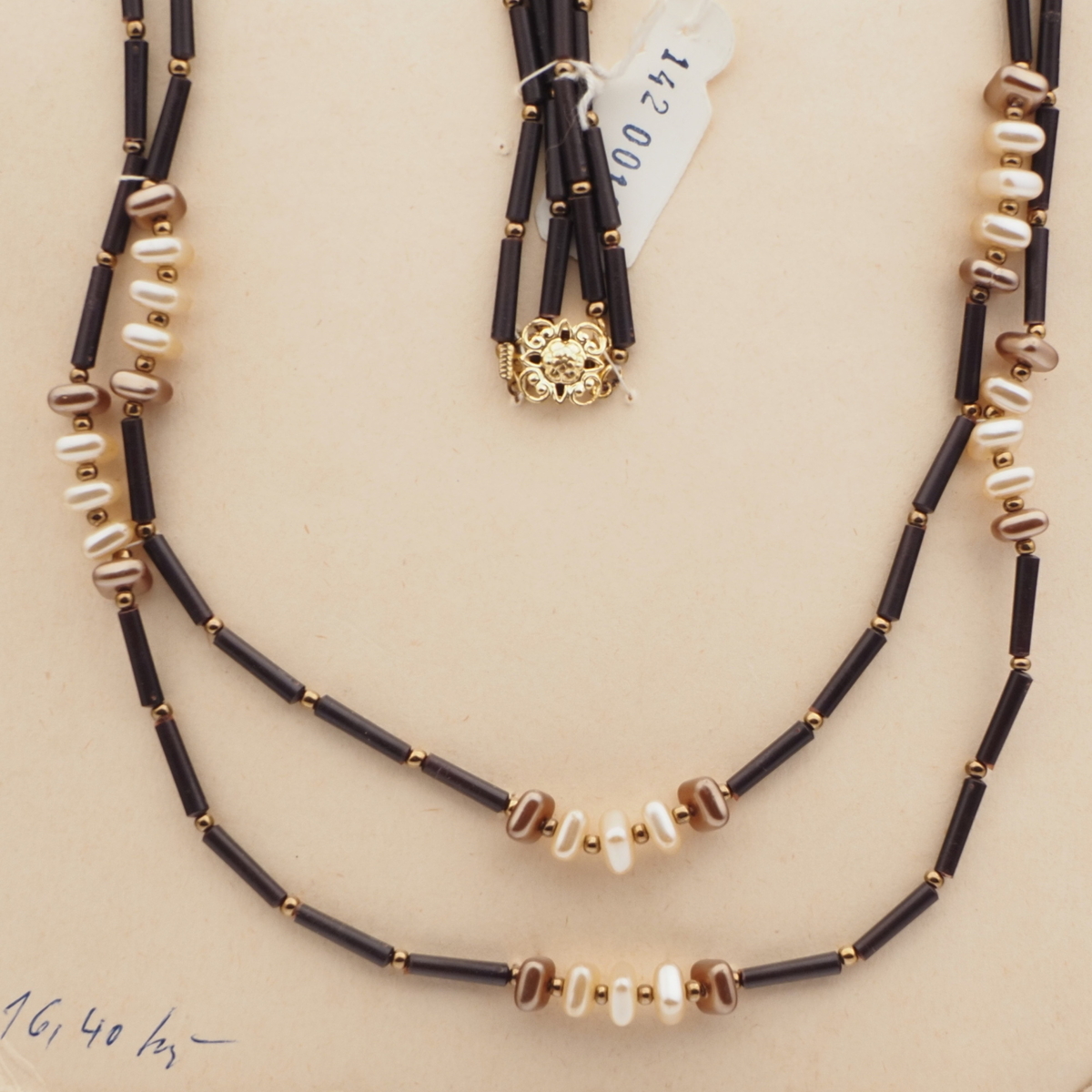 Vintage Czech necklace metallic square rondelle glass black bugle plastic beads 