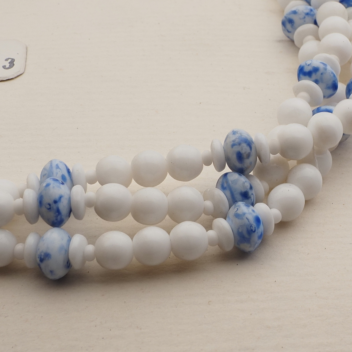 Vintage Czech 1 to 3 strand necklace white blue marble glass beads 