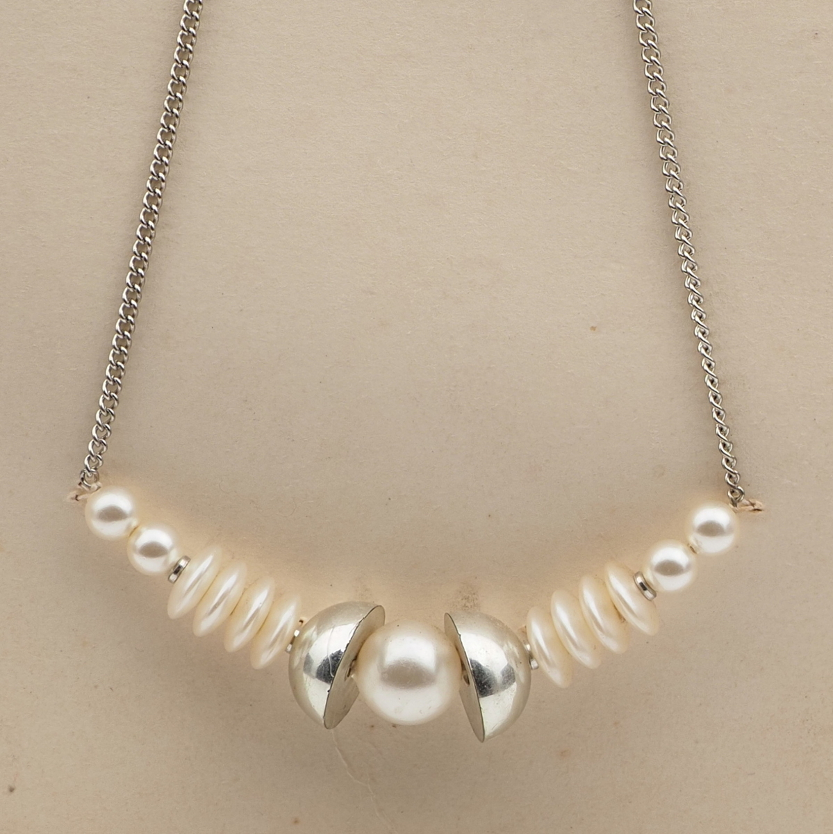 Vintage Czech silver chain necklace pearl glass silver plastic beads 