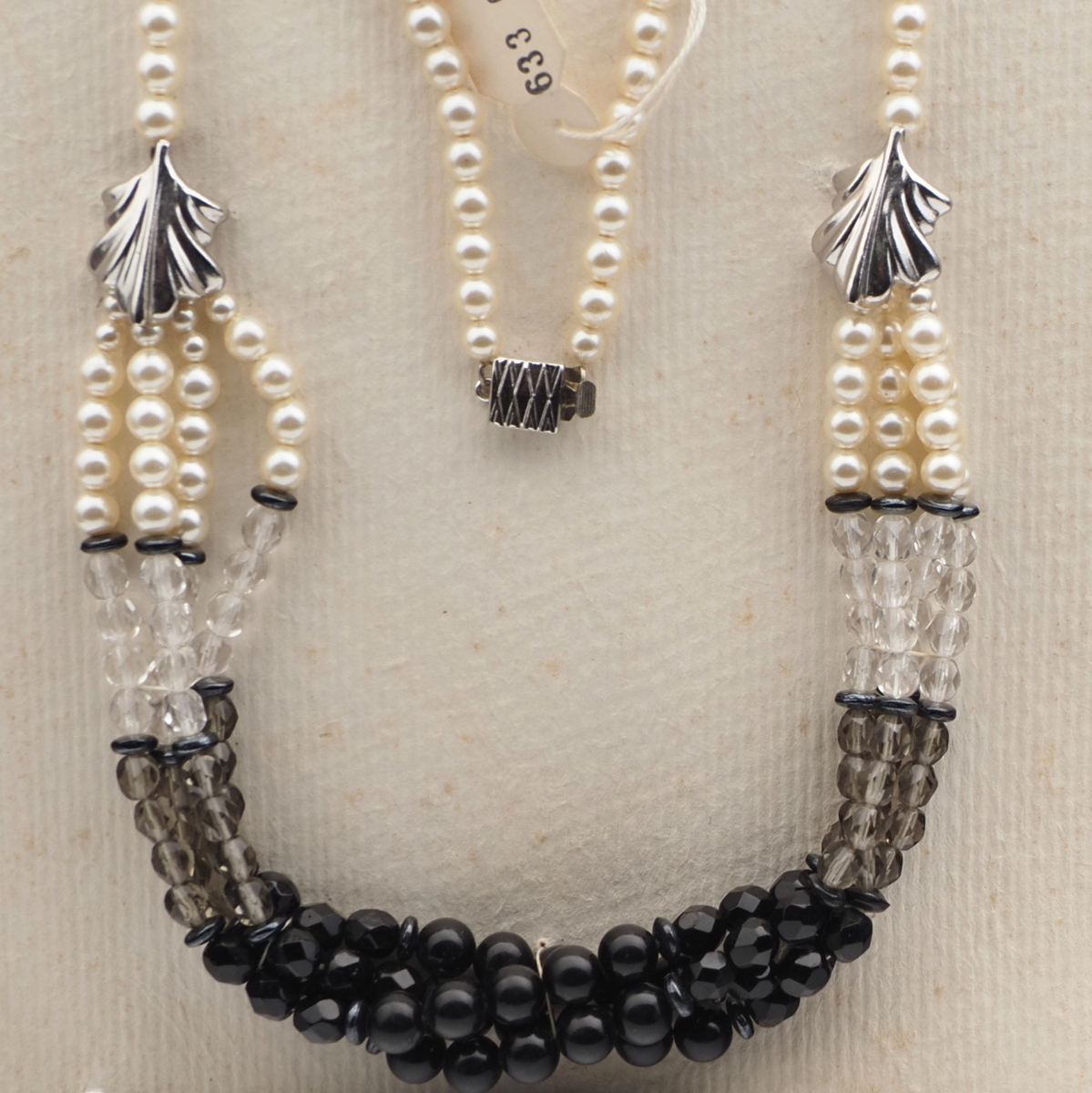 Vintage Czech 1 to 4 strand necklace black pearl clear green glass beads 