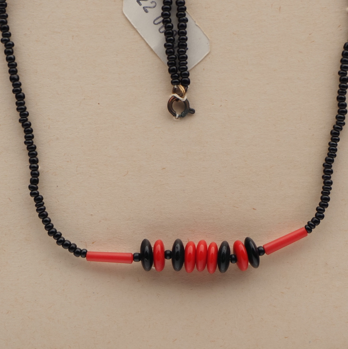 Vintage Czech necklace red black rondelle glass red bugle plastic beads 