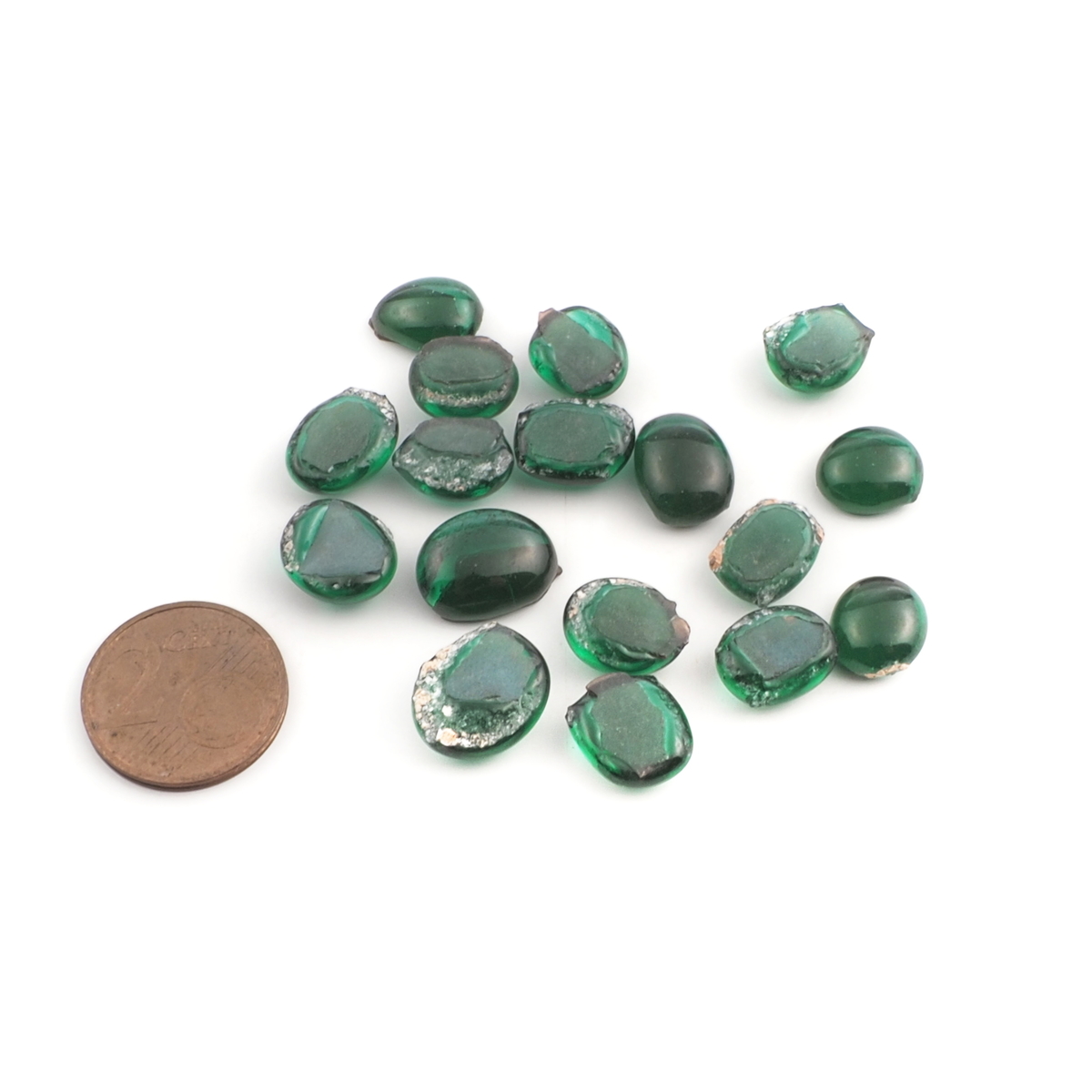 Lot (17) large C19th Czech antique Emerald green glass cabochon drops