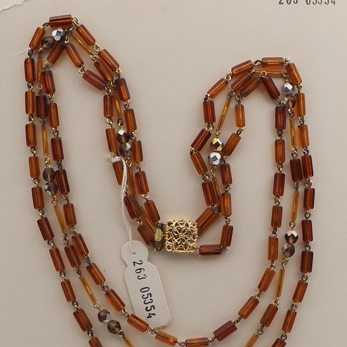 Vintage Czech 3 strand link necklace topaz pentagon vitrail glass beads 