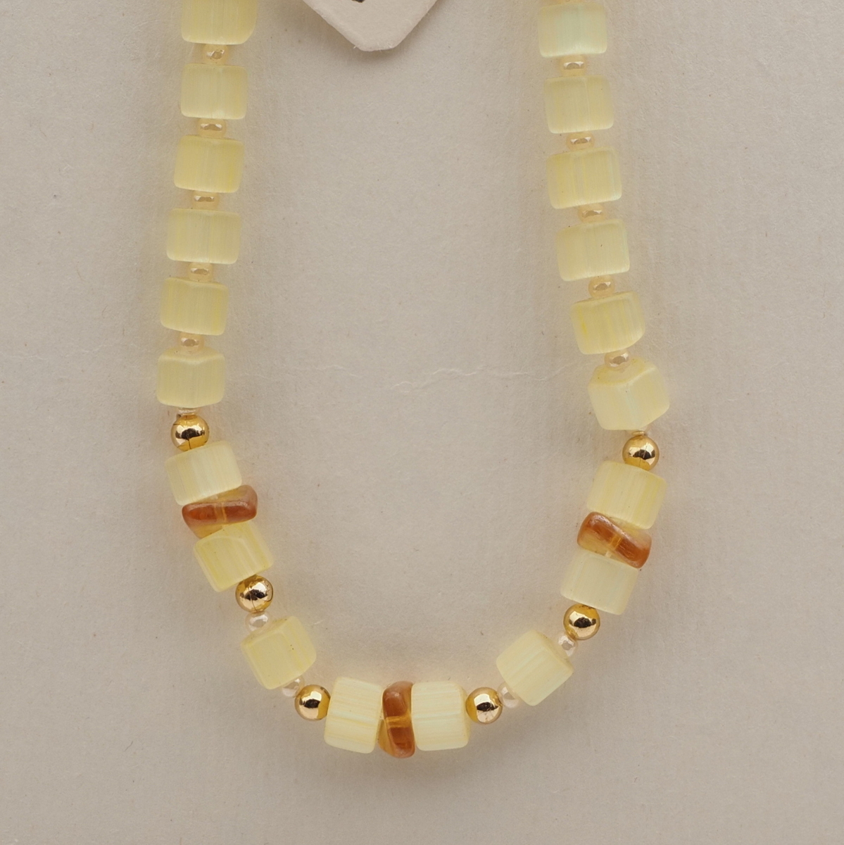 Vintage Czech necklace yellow satin atlas pentagon glass beads 